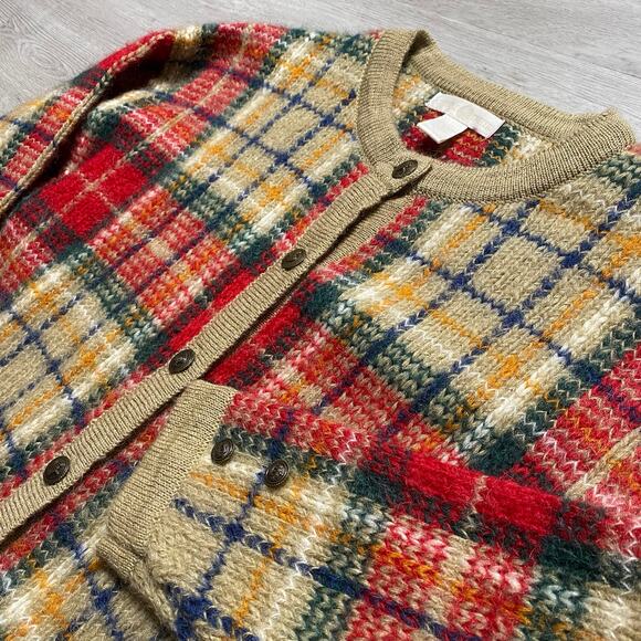 Christmas Plaid Mohair Blend Knit Red Cardigan Women’s Large Capeisle Knitters - Picture 2 of 8